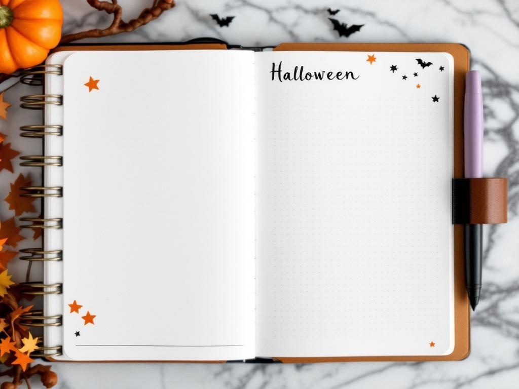 A blank notebook with Halloween-themed decorations and a pen, symbolizing planning for Halloween decor.