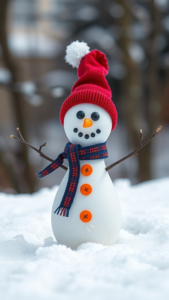 A snowman made from plastic spoons, wearing a red hat and scarf, standing in the snow.