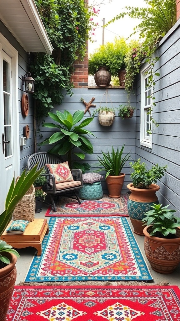A small backyard with colorful rugs, potted plants, and cozy seating, showcasing vibrant patterns and textures.