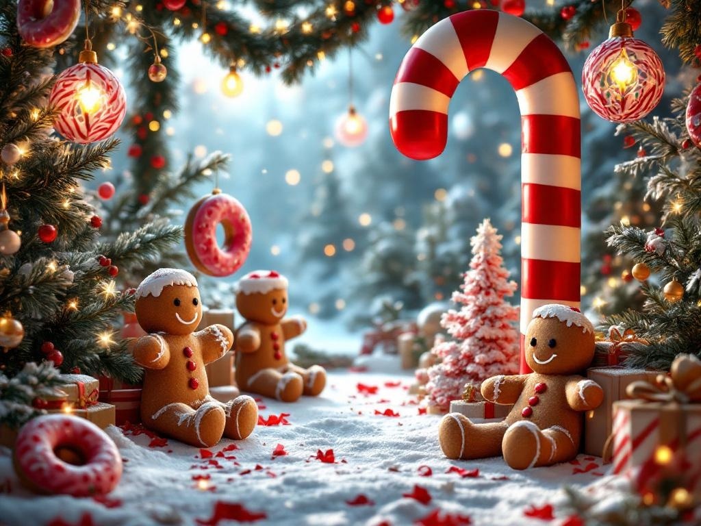 A festive scene featuring gingerbread men, colorful donuts, and oversized candy canes, creating a playful candy and food-themed decor for Christmas.