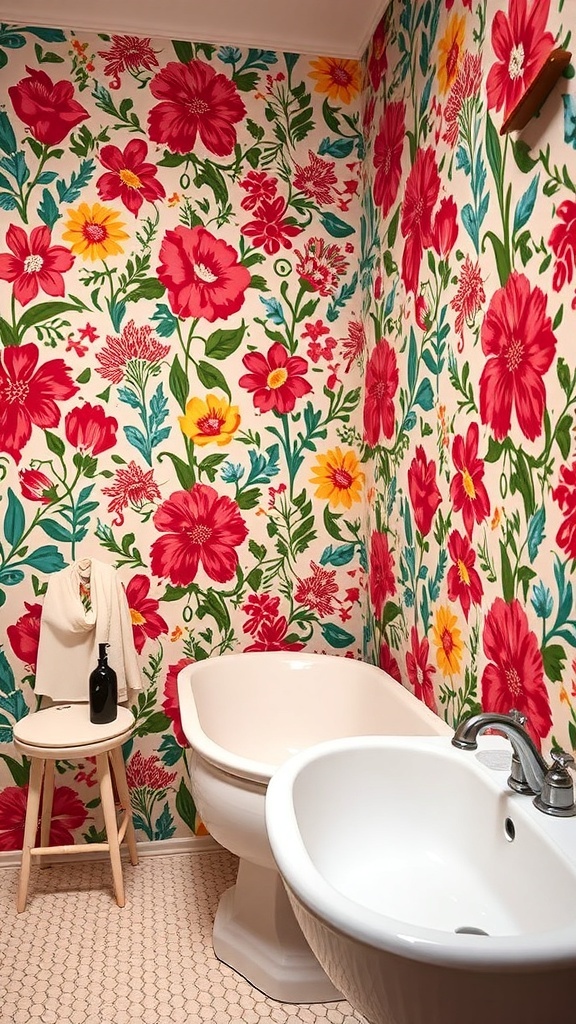 A bathroom featuring vibrant floral wallpaper with large red and yellow flowers against a light background, complemented by a white bathtub and sink.