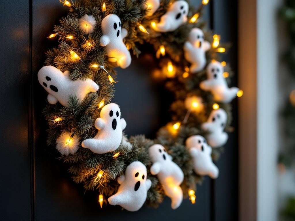A playful ghost wreath with soft white ghosts and twinkling lights.