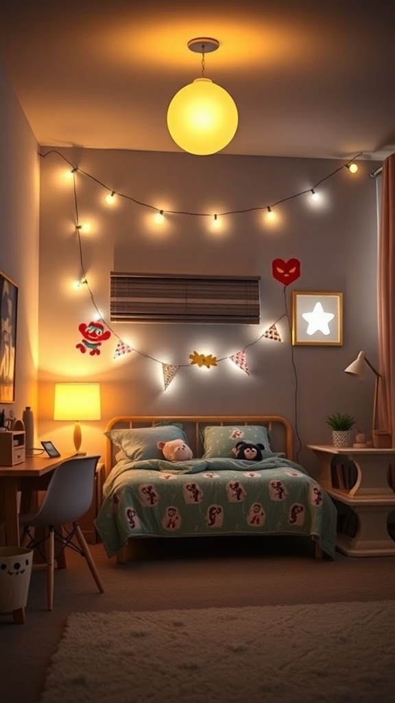 A cozy boys' bedroom featuring playful lighting with a round pendant light and string lights.