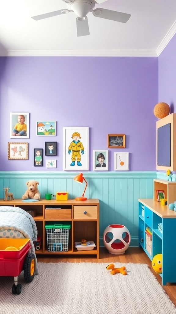 A boys room featuring lilac walls and aqua accents, with playful decor and furniture.