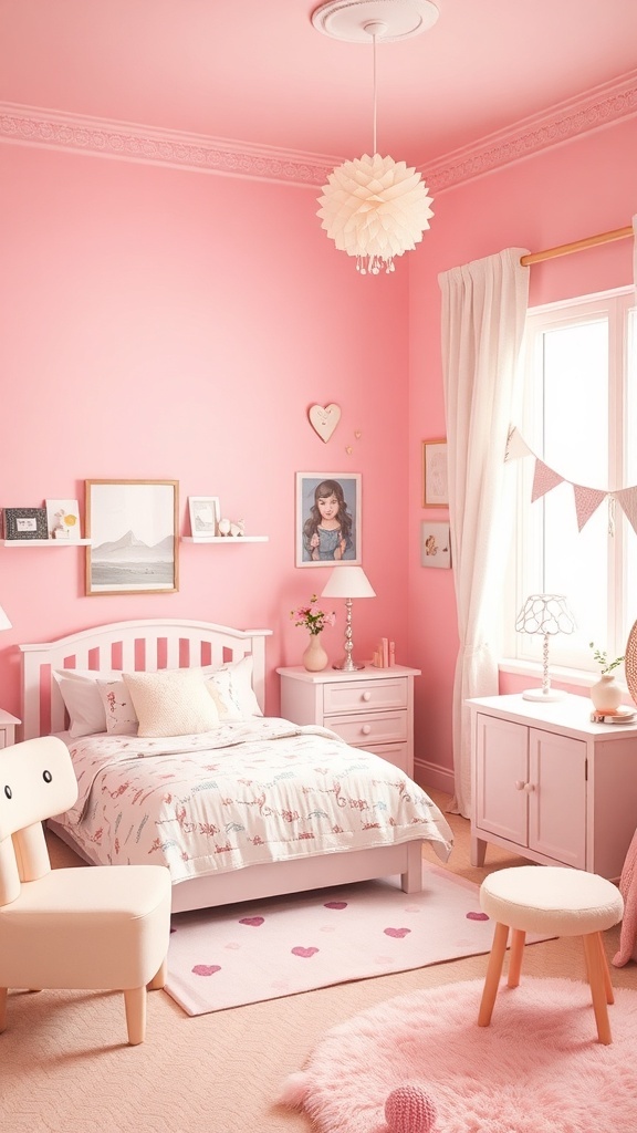 A pink bedroom featuring pastel colors, playful decor, and cozy furniture.