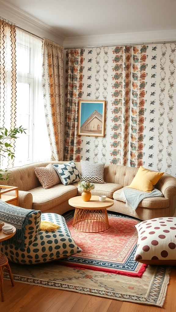 A cozy living room with a patterned wall, a beige sofa with colorful cushions, and layered rugs.