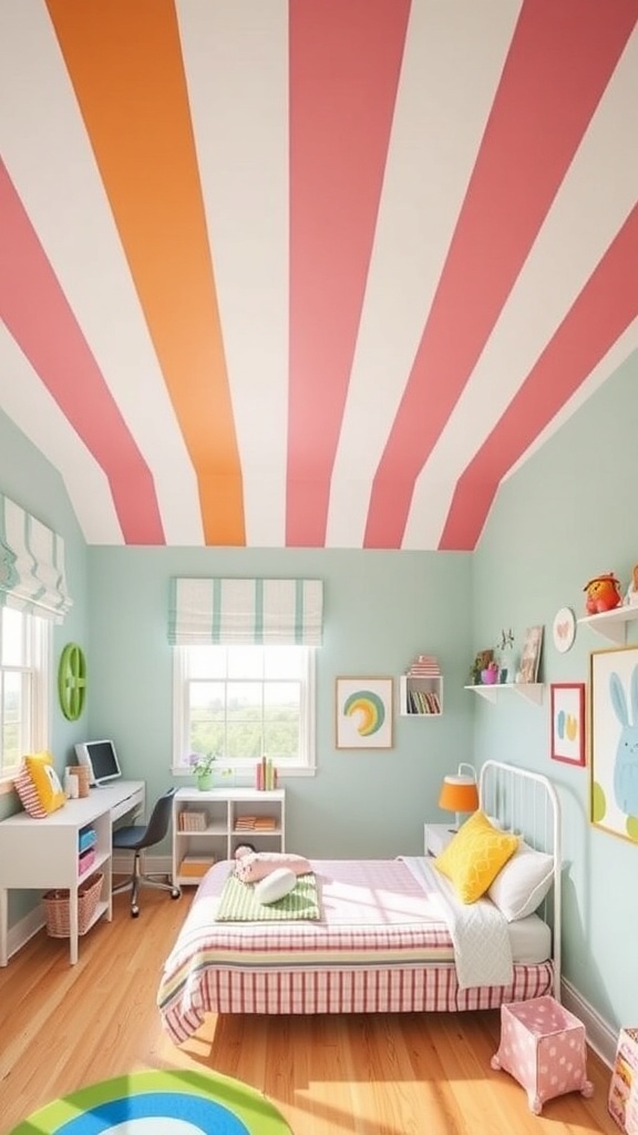 A colorful striped ceiling in a playful bedroom featuring soft pink, orange, and light blue walls.