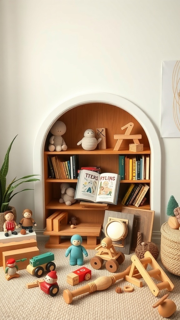 A cozy nursery corner with wooden toys, a bookshelf, and a soft rug.
