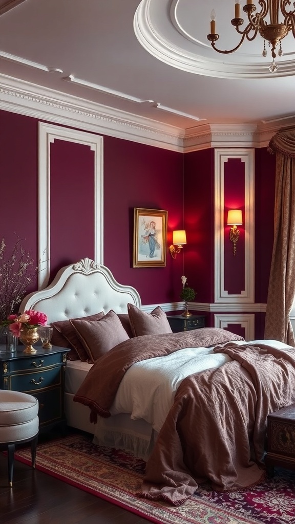 A cozy bedroom featuring plum walls with warm white trim, elegant furnishings, and layered textures.