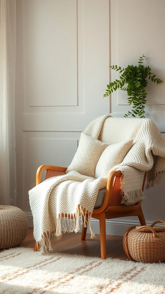 A cozy reading nook featuring a plush chair with textured throws, a small plant, and woven baskets.