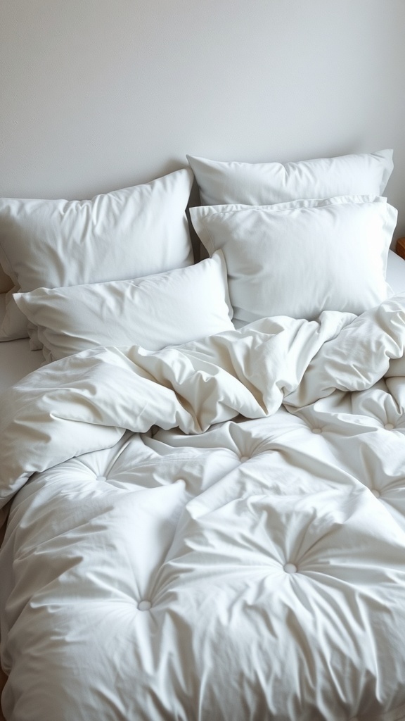 A neatly arranged plush duvet with multiple pillows on a bed, creating a cozy and inviting atmosphere.