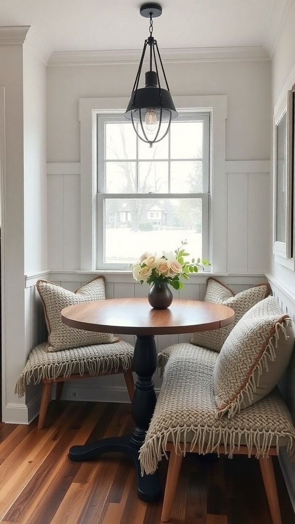 Cozy breakfast nook with plush pillows, warm wood tones, and ambient lighting.