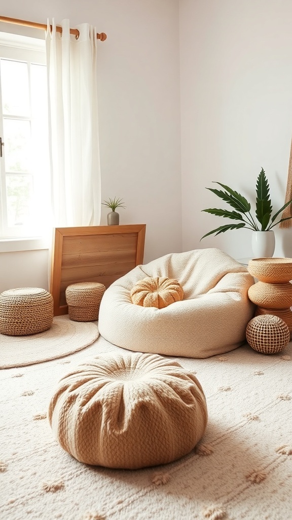 A cozy bedroom corner featuring a large beige bean bag and a round pouf, surrounded by natural light and soft decor.