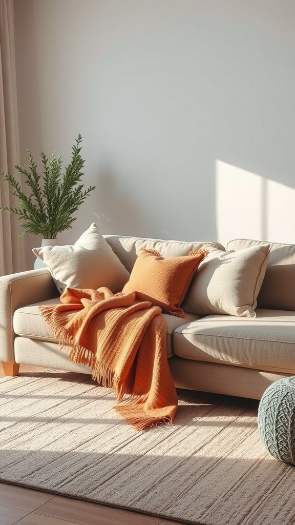 A cozy living room featuring a plush sectional sofa with orange throw pillows and a soft rug.