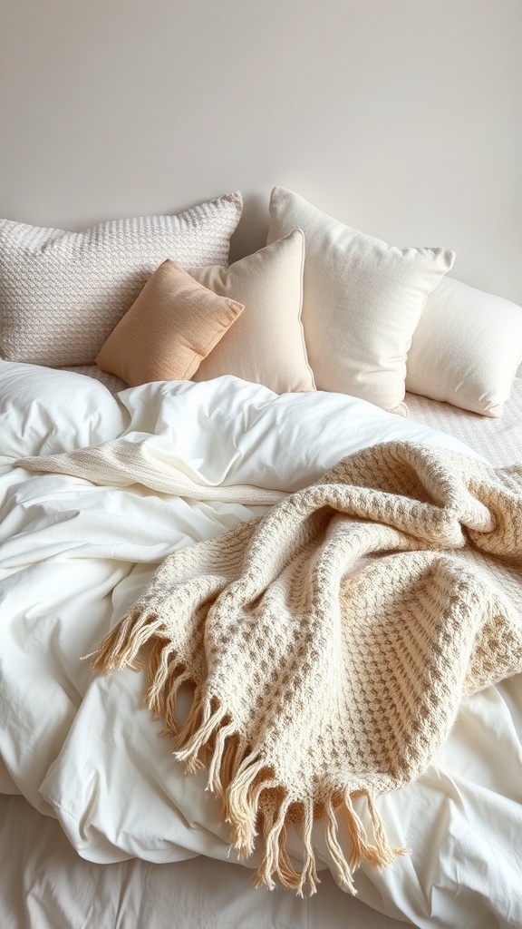 A cozy bed with plush pillows and a warm throw blanket, creating a comfortable atmosphere.