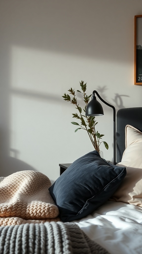 A cozy bedroom featuring layered textures with a chunky knit blanket, soft pillows, and a plant beside a bedside lamp.