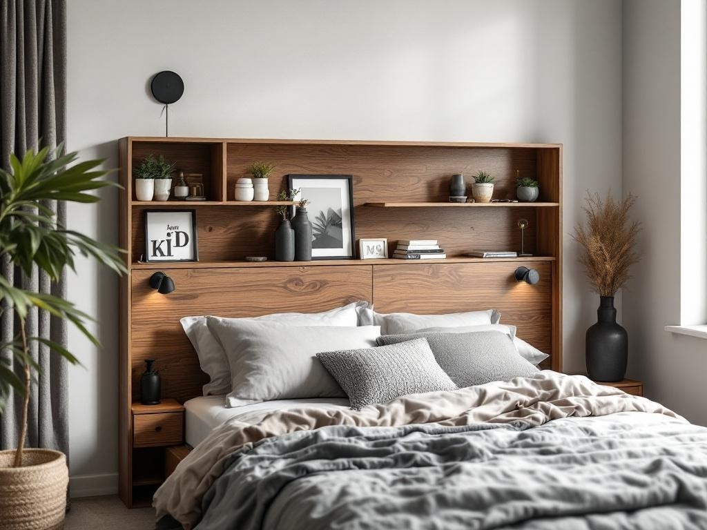 Stylish plywood headboard with built-in shelves and integrated lighting in a modern bedroom