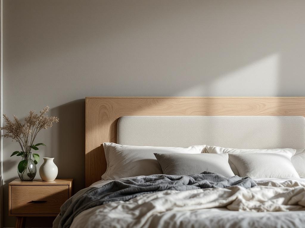 A modern bedroom featuring a plywood headboard with an upholstered insert, soft bedding, and a nightstand with decorative elements.
