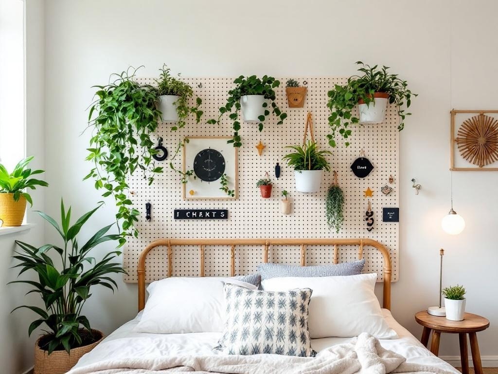 A stylish bedroom featuring a plywood pegboard-style headboard adorned with plants and decorative items.