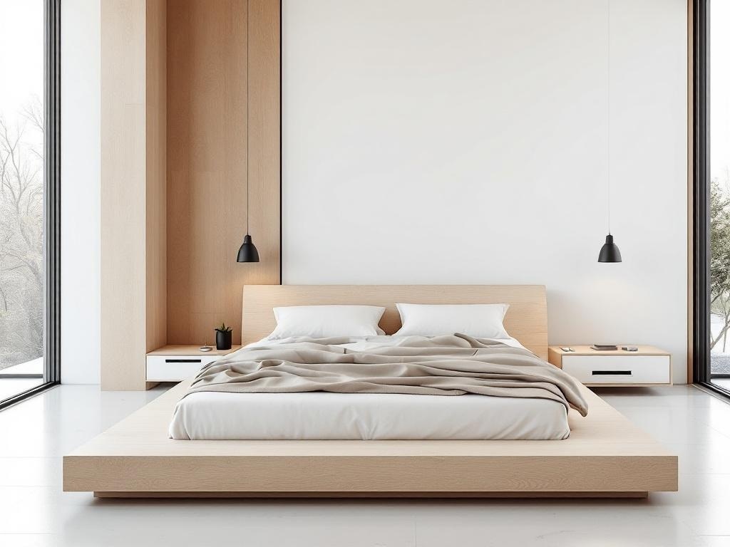 Modern plywood platform bed with integrated headboard and nightstands