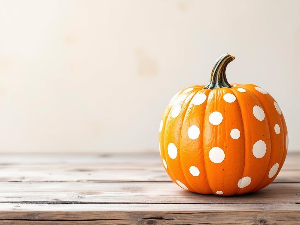 A bright orange pumpkin with white polka dots on a wooden surface.