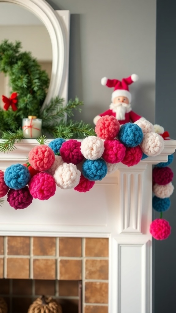 Colorful pom-pom garland in pink, blue, and white draped over a mantel with festive decorations.