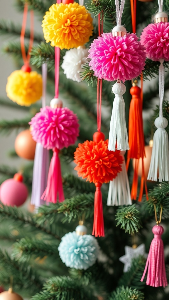 Colorful pom-pom and tassel ornaments hanging on a Christmas tree