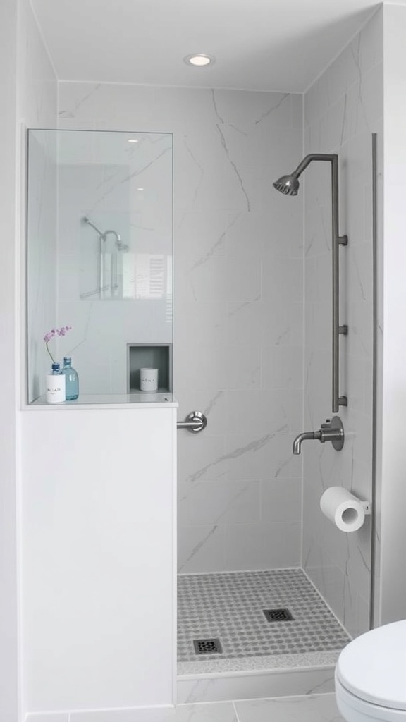 A modern double shower featuring a pony wall for privacy and openness, with sleek tiles and a minimalist design.