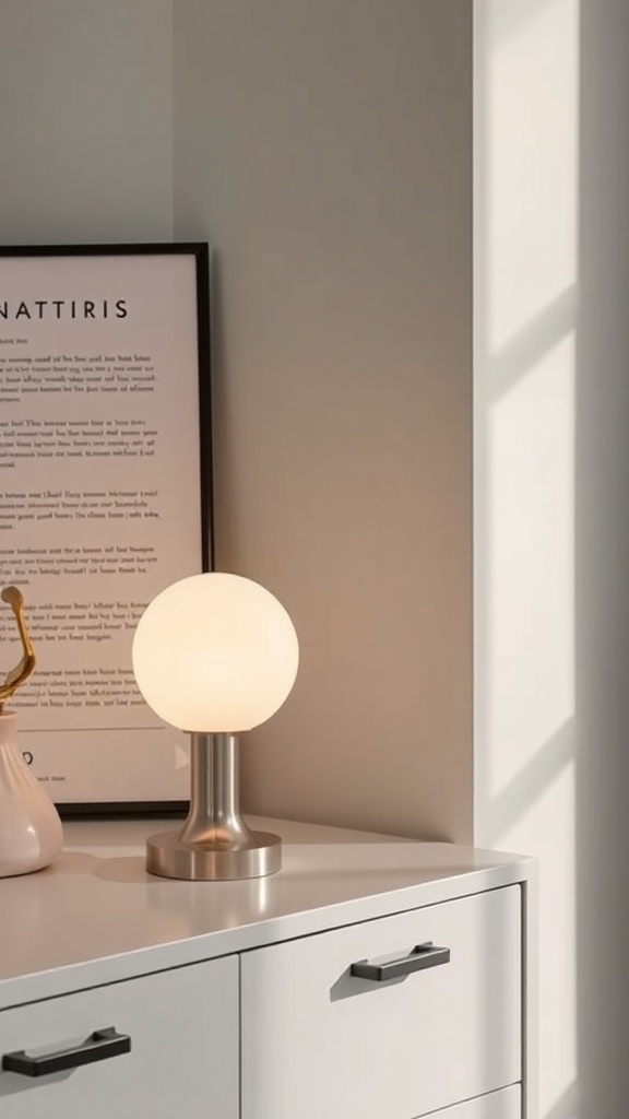 A stylish Pooky Bell Cordless Lamp on a modern side table, with a soft glowing shade and sleek base.