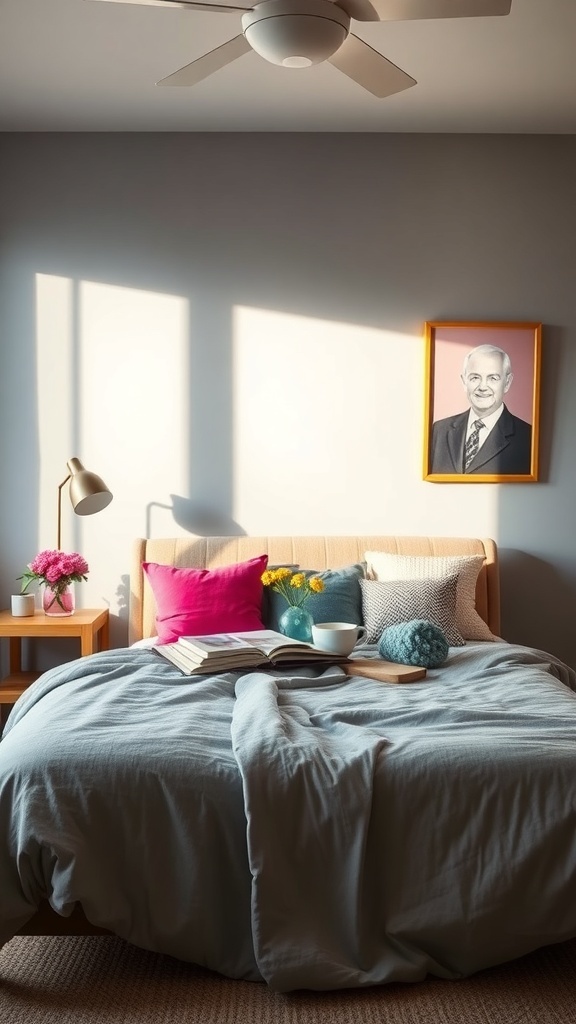 A cozy grey bedroom with colorful pillows and a framed portrait.