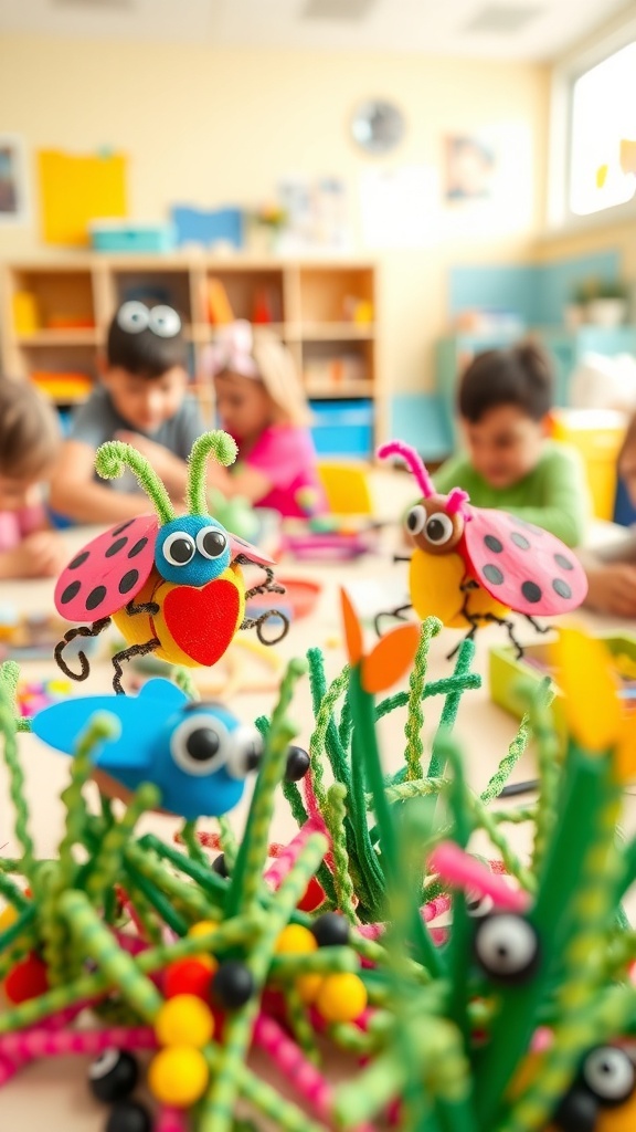 A colorful classroom scene with children crafting Popsicle Stick Love Bugs, featuring various bugs made from popsicle sticks, pipe cleaners, and googly eyes.