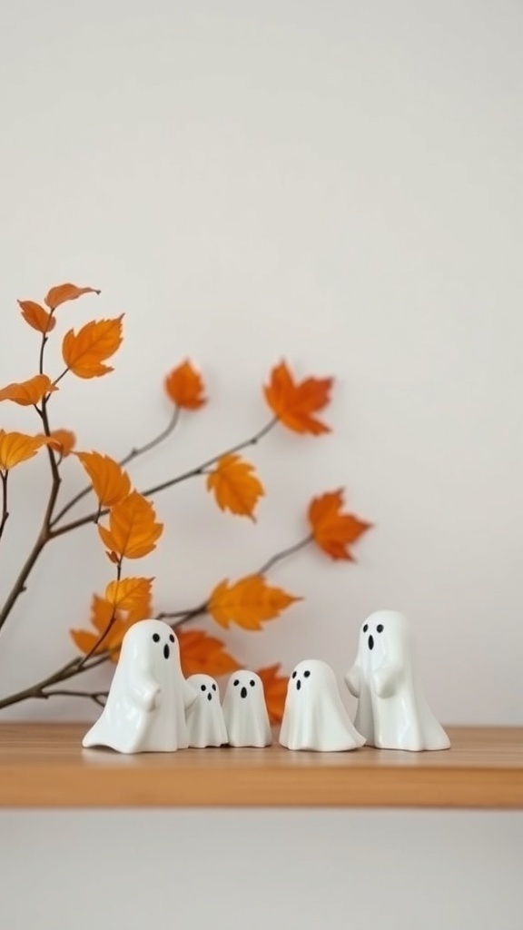 A group of porcelain mini ghosts on a wooden shelf with orange leaves in the background.
