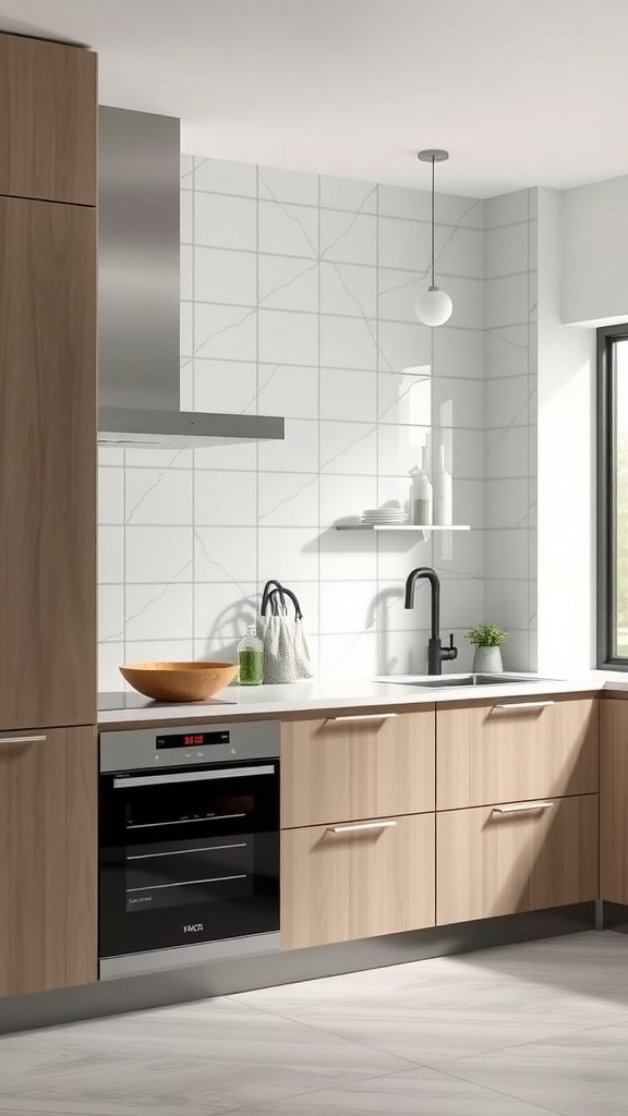 Modern kitchen with porcelain panels and minimal grout, featuring light colors and sleek design.