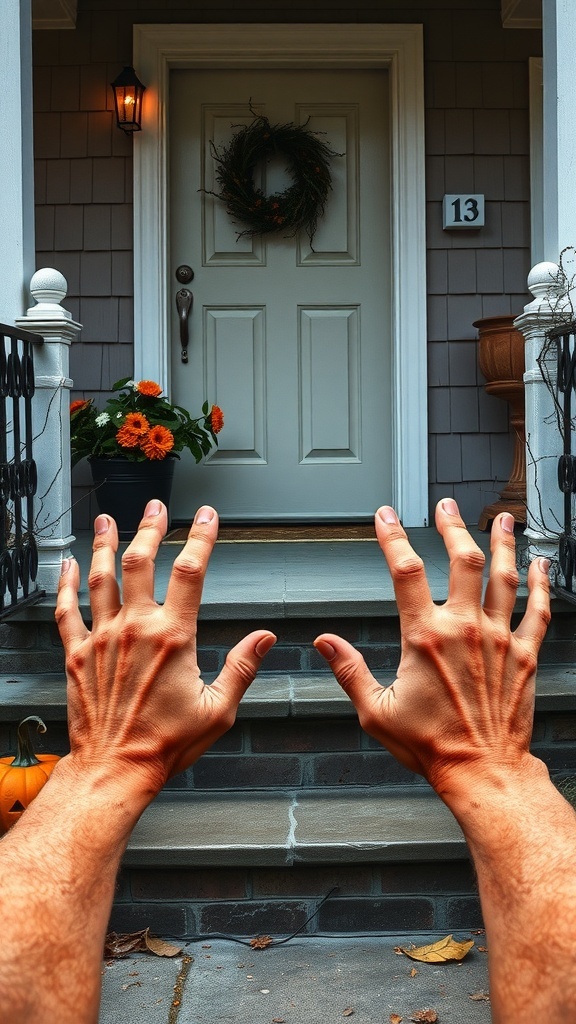 Creepy devil hands reaching up from porch steps