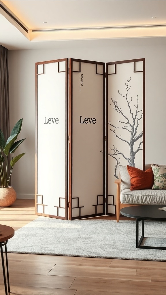 A stylish portable foldable screen in a modern living room, featuring a tree design and elegant wooden frame.