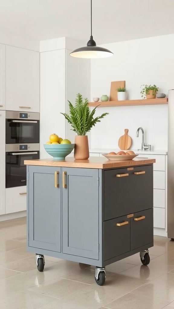 A portable kitchen island on wheels with a gray finish and wooden top, featuring storage and decorative items.