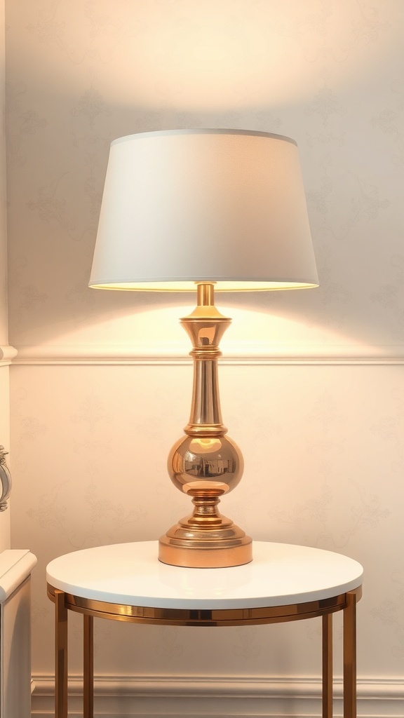 Portia Brass Lamp on a white table with a golden base, featuring a white lampshade.