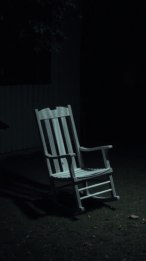 A haunted rocking chair in a dark yard, creating a spooky atmosphere.