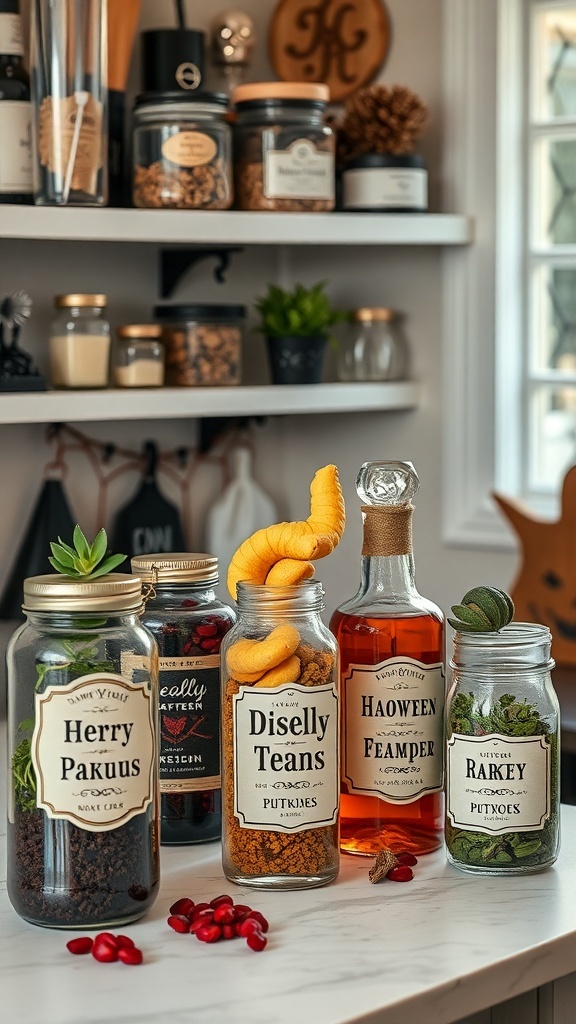 A collection of potion bottles with whimsical labels on a kitchen countertop.