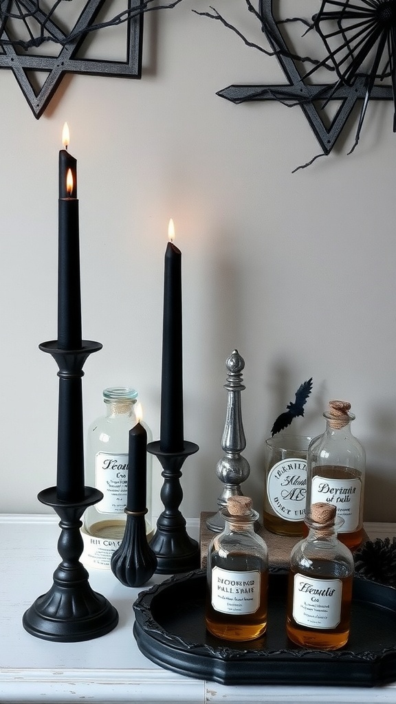 Black XL candles surrounded by potion bottles on a table.