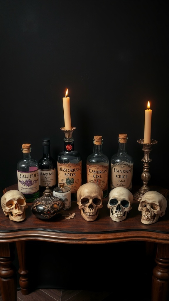 A collection of potion bottles and skulls on a wooden table, with candles illuminating the scene.