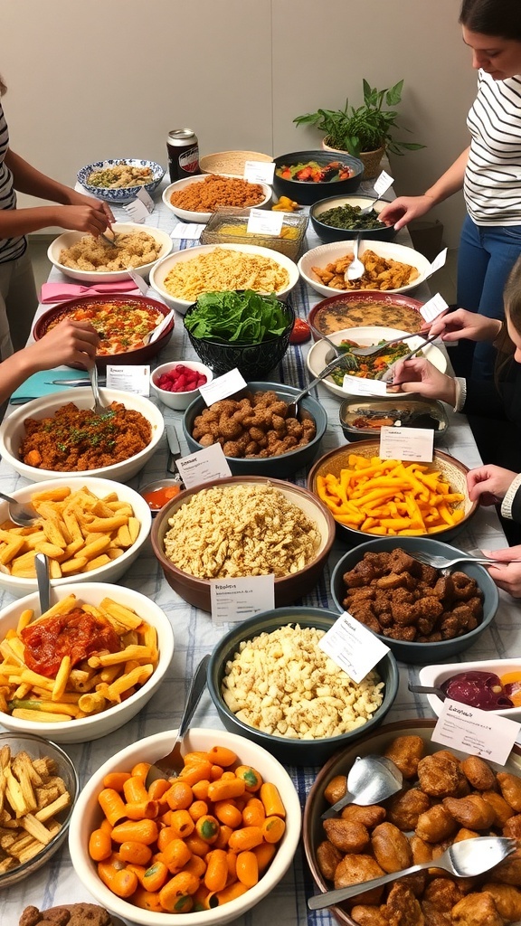 A diverse potluck spread with various dishes on a table, showcasing a festive gathering.