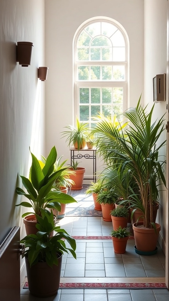 Bright hallway with various potted plants creating a lively atmosphere