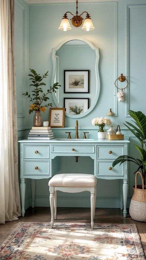 A powder blue vanity with a wood toilet seat and checkered floor tiles, featuring brass fixtures and marble-style countertops, complemented by a fresh floral arrangement.
