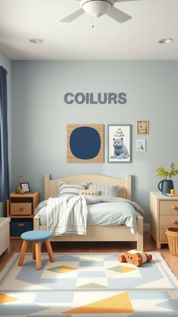 A well-decorated boys room featuring soft blue walls, playful decor, and a cozy bed.