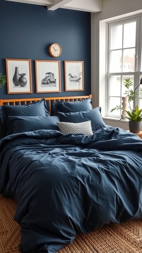 A cozy navy blue bedroom featuring navy bedding, framed wall art, and a window with natural light.