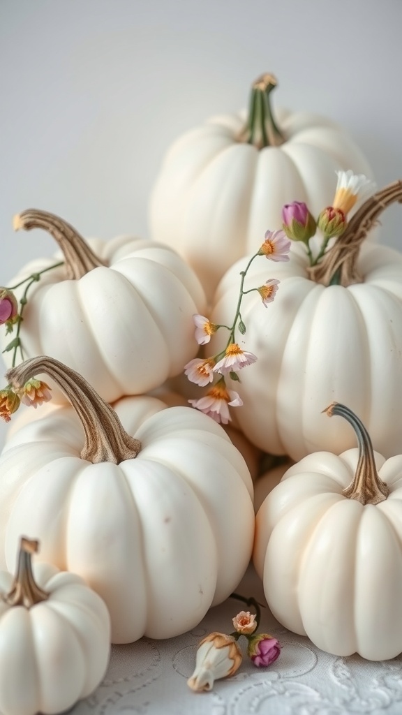 White pumpkins with pressed flowers arranged elegantly.