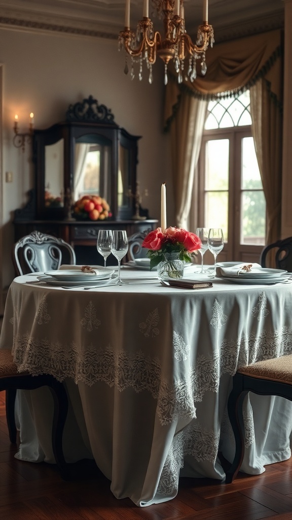 A beautifully set dining table with a pressed linen tablecloth and embroidered napkins, showcasing vintage elegance.