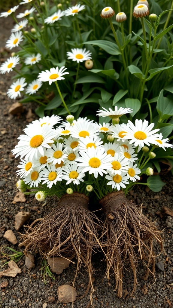 Shasta daisies with visible roots, ready for division and replanting.