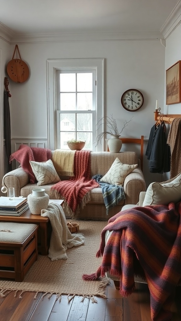 A cozy living room featuring layered textiles, warm fabrics, and a rustic aesthetic.
